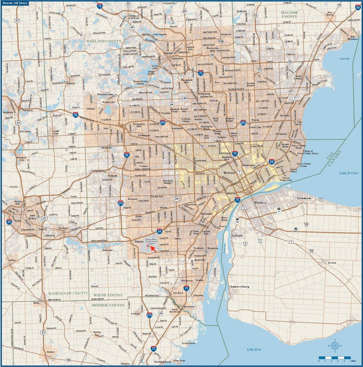 Mapa lotnisk Detroit