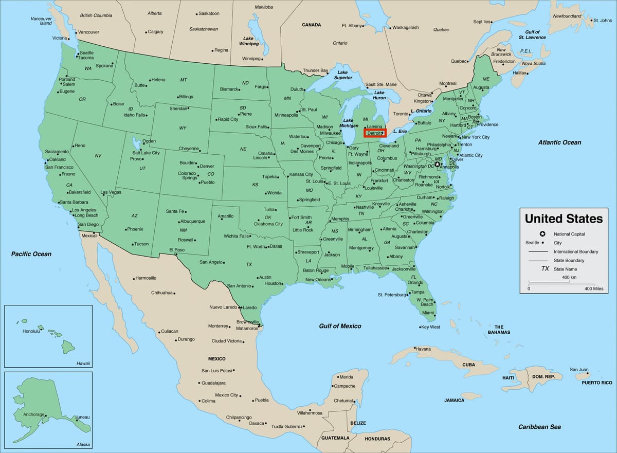 Detroit w stanie Michigan - mapa USA