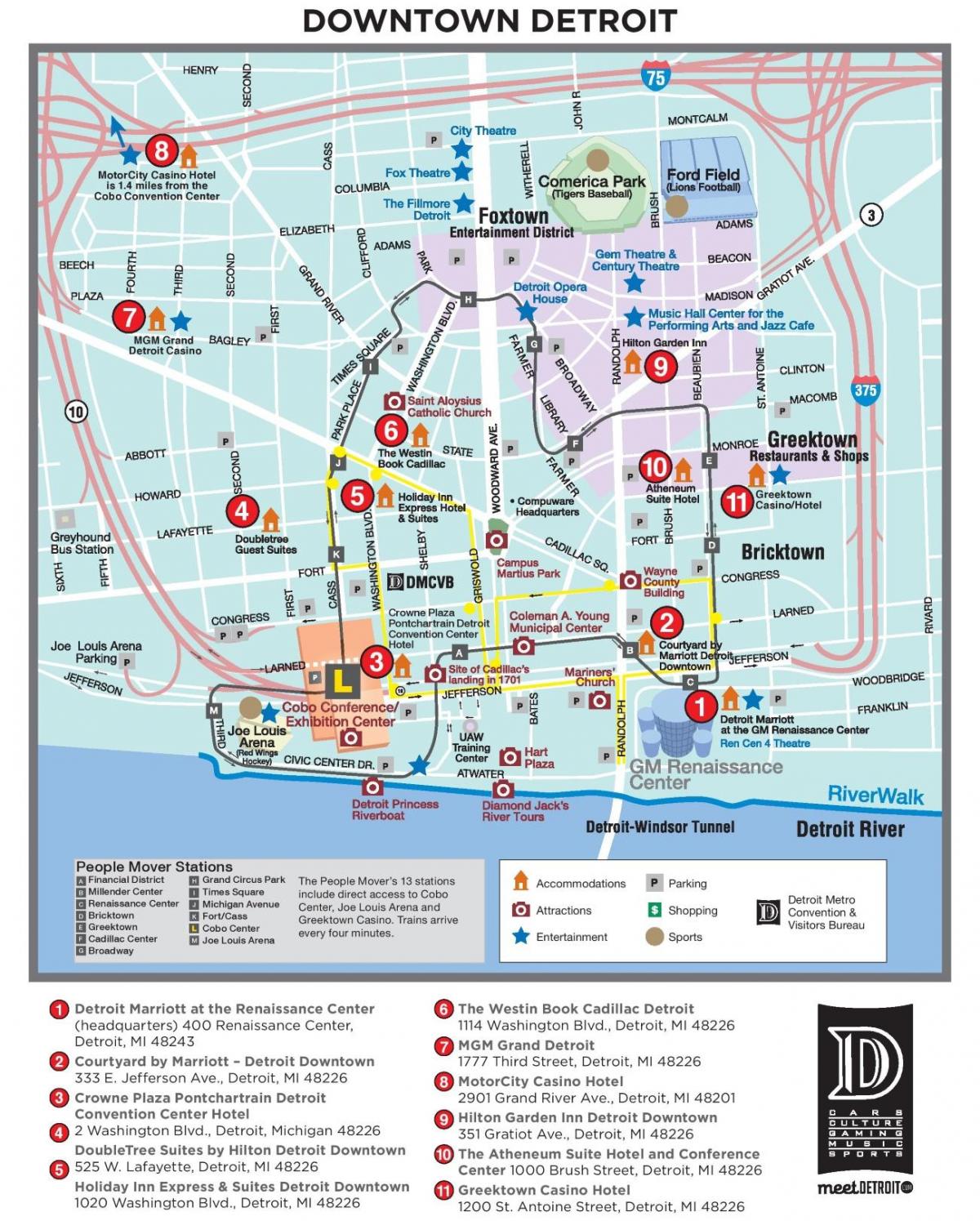 Mapa pieszych wycieczek po Detroit